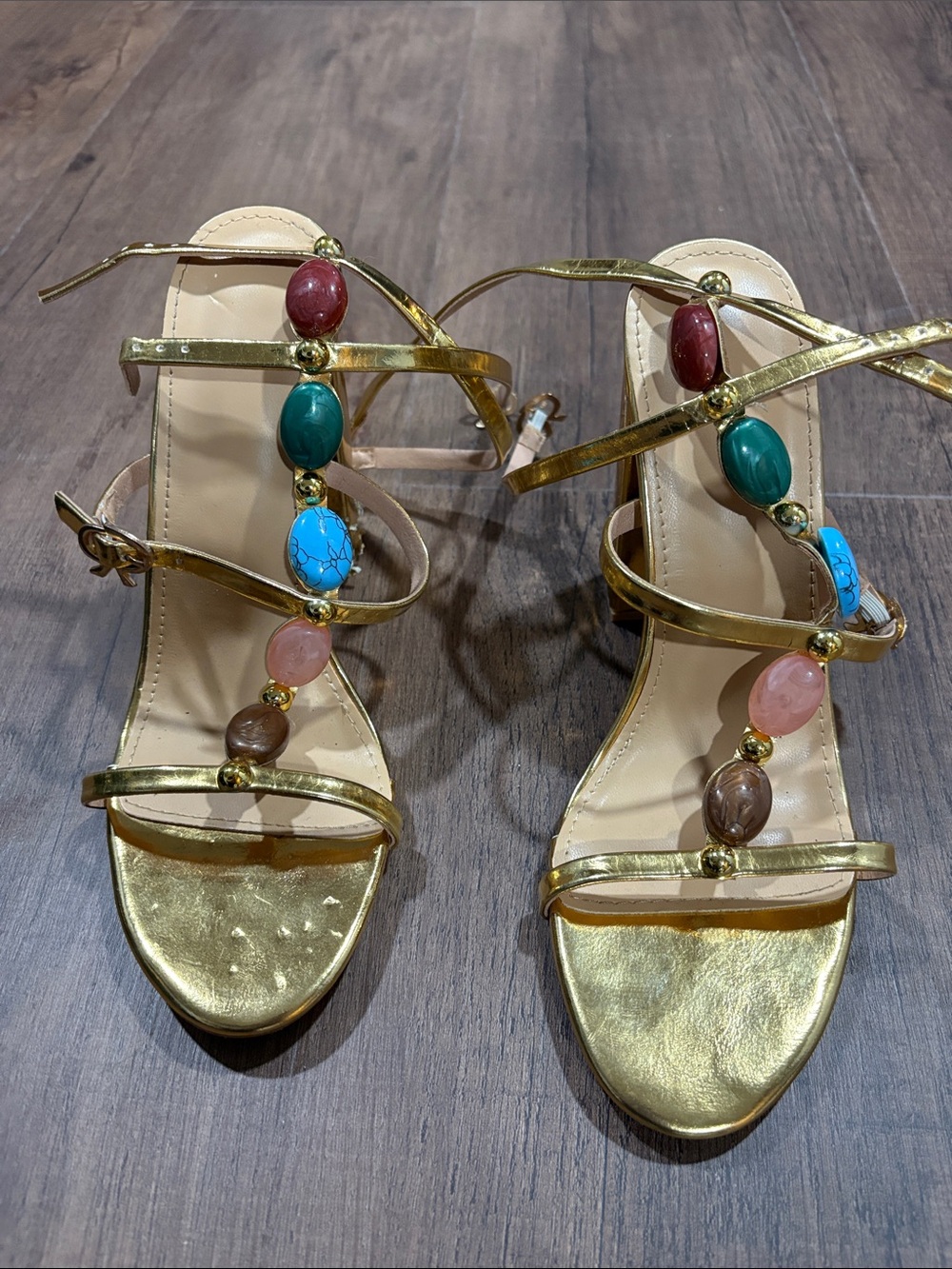 Gold Strappy Heeled Sandals with Multicolor Gem Accents